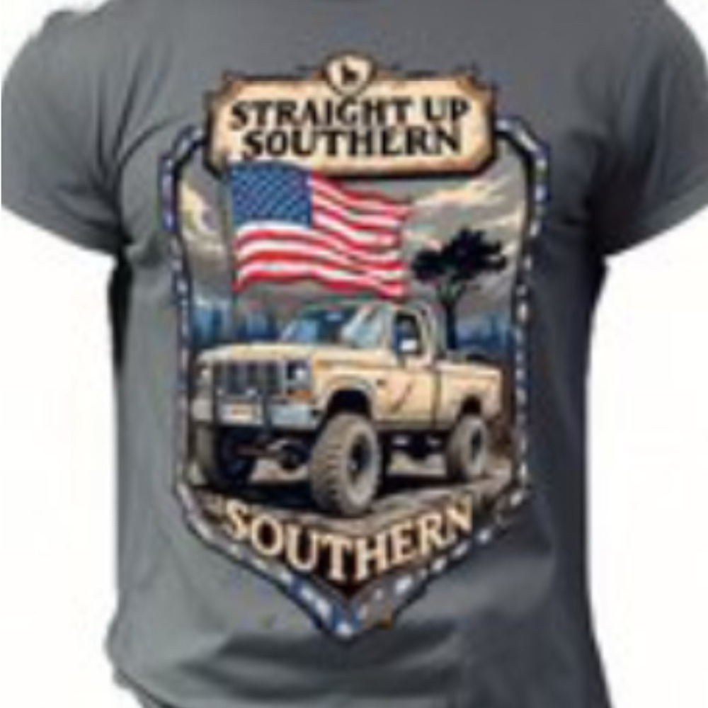 Gray Straight Up Southern T-Shirt with American Flag and Truck